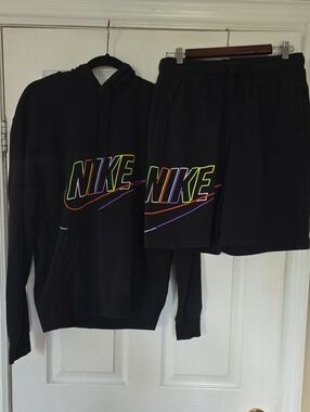 Nike Black Hoodie with Neon Multicolor Outline Logo With Matching Shorts